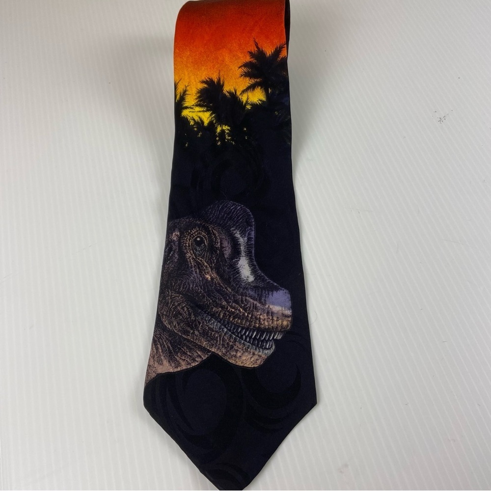 Silk Dinosaur Novelty Tie T-Rex Sunset Palm Trees Prehistoric Science Teacher